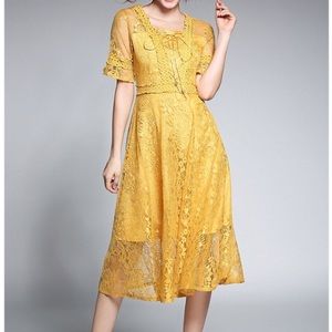 Mustard Gold Bell Sleeve Lace Dress
